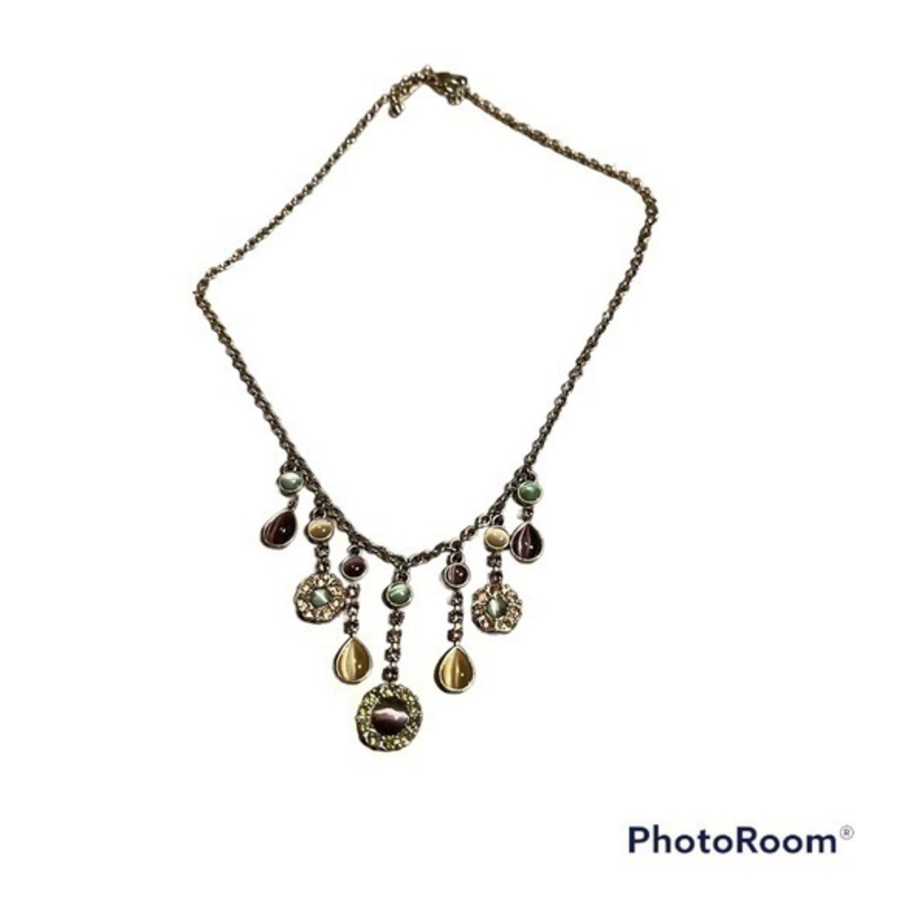 Vintage Y2K Multicolor Rhinestone Teardrop Dangle Statement Necklace - Picture 2 of 5